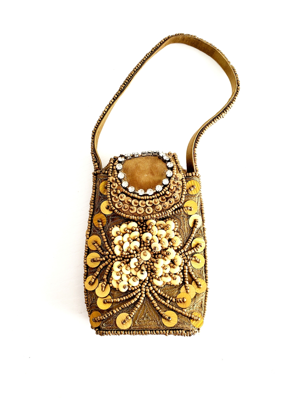 Vintage Gold Beaded & Sequined Floral Evening Bag Crystal Flap Micro Purse